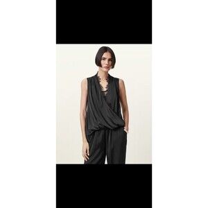 AllSaints Abi Lace Trim Draped Black Sleeveless Wrap Top Size 12